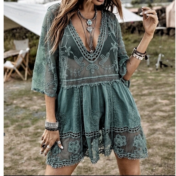 NEW Boho Embroidered Lace Cover Up Tunic Top Dress Sheer Mesh Floral Green - Picture 2 of 6